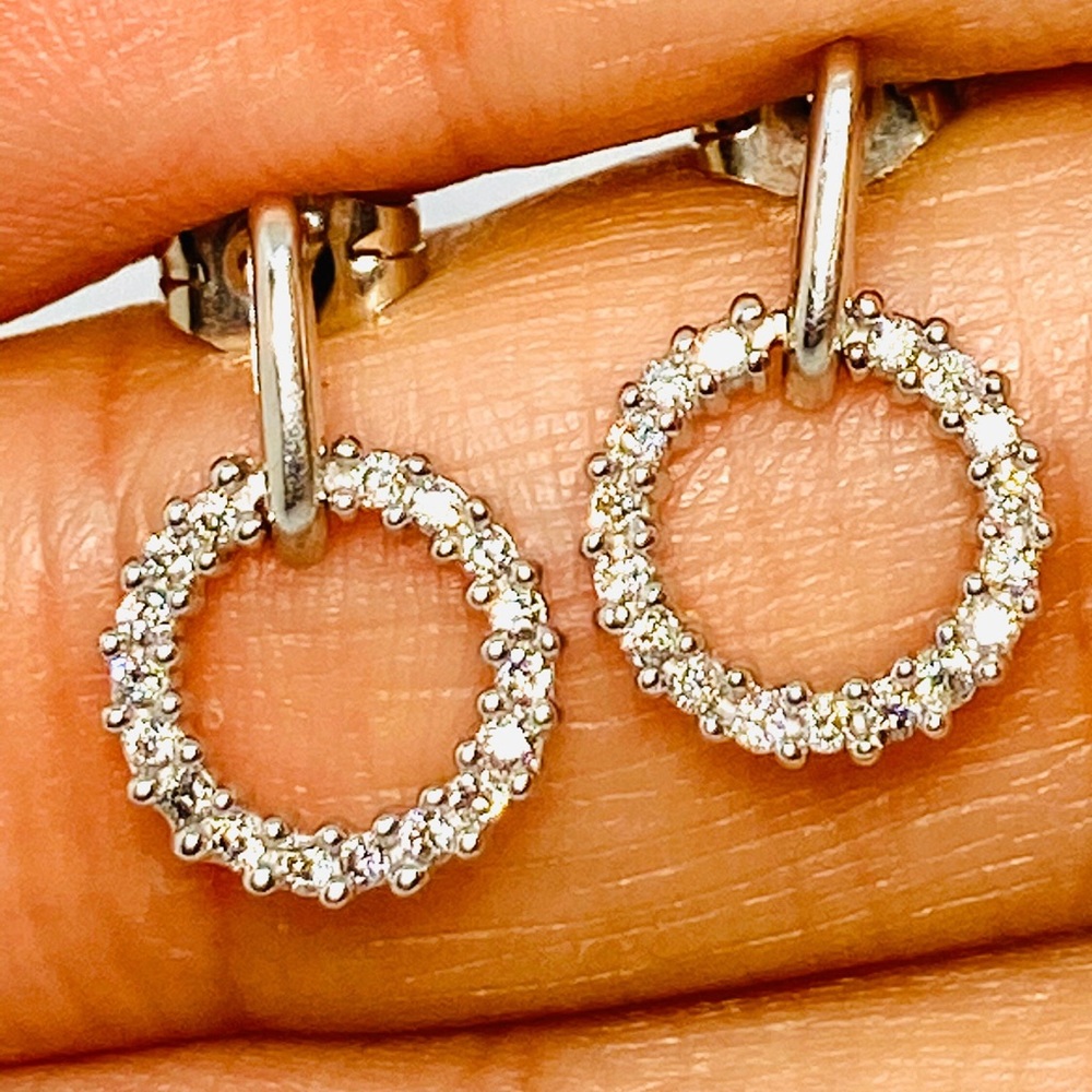 10k white gold diamond drop circle earrings.